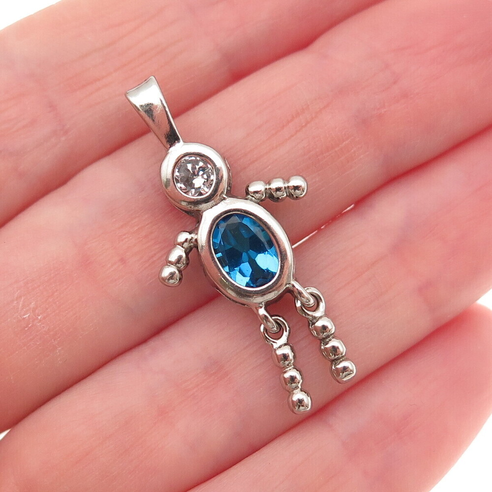 925 Sterling Silver Blue & White C Z Boy March Birthstone Articulated Pendant